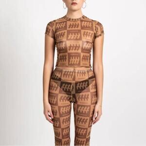 Inamorata Sheer Torso Mesh Print Bambi Baby Tee & Beachwood Pant Set Coverup M